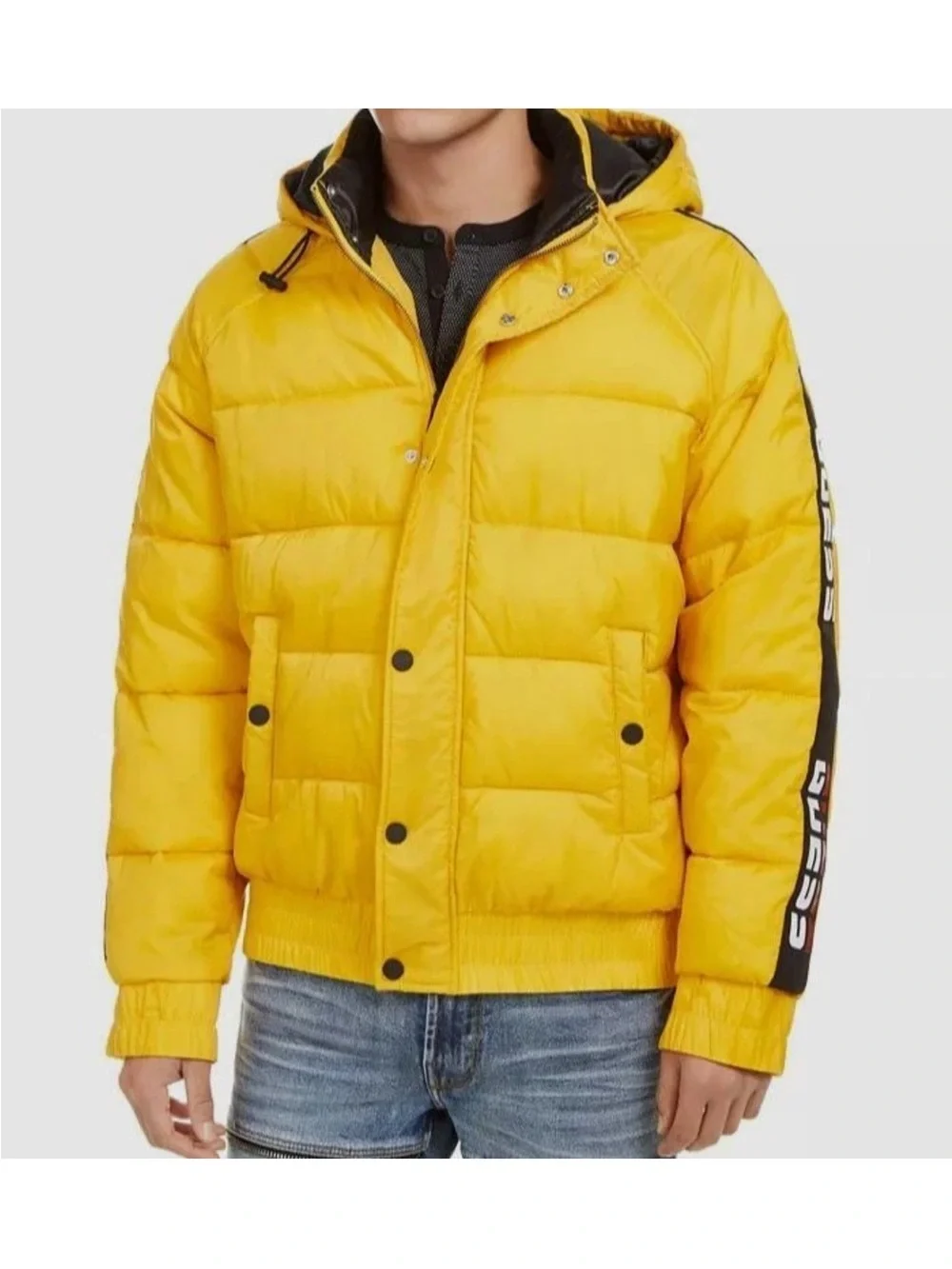 New Guess Men's Yellow Hooded Puffer Jacket with Logo Sleeve
